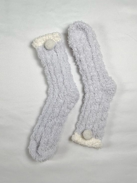 Accessories - Plush Pale Lilac Knee-High Fuzzy Socks with Cream Pom Cuff